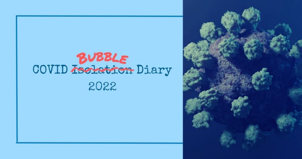 COVID Isolation Diary 2022, where the Isolation in struck out by a marker and "bubble" written over it in marker font. There is a overlay of a rectangular picture of a render of the Sars-CoV-2 virus on the right side..