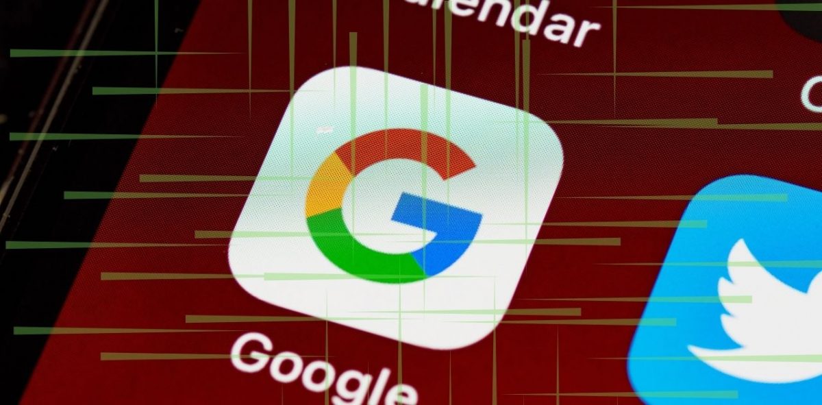 Picture of the Google app logo on a phone screen with a grid of lines overlay on the picture.
