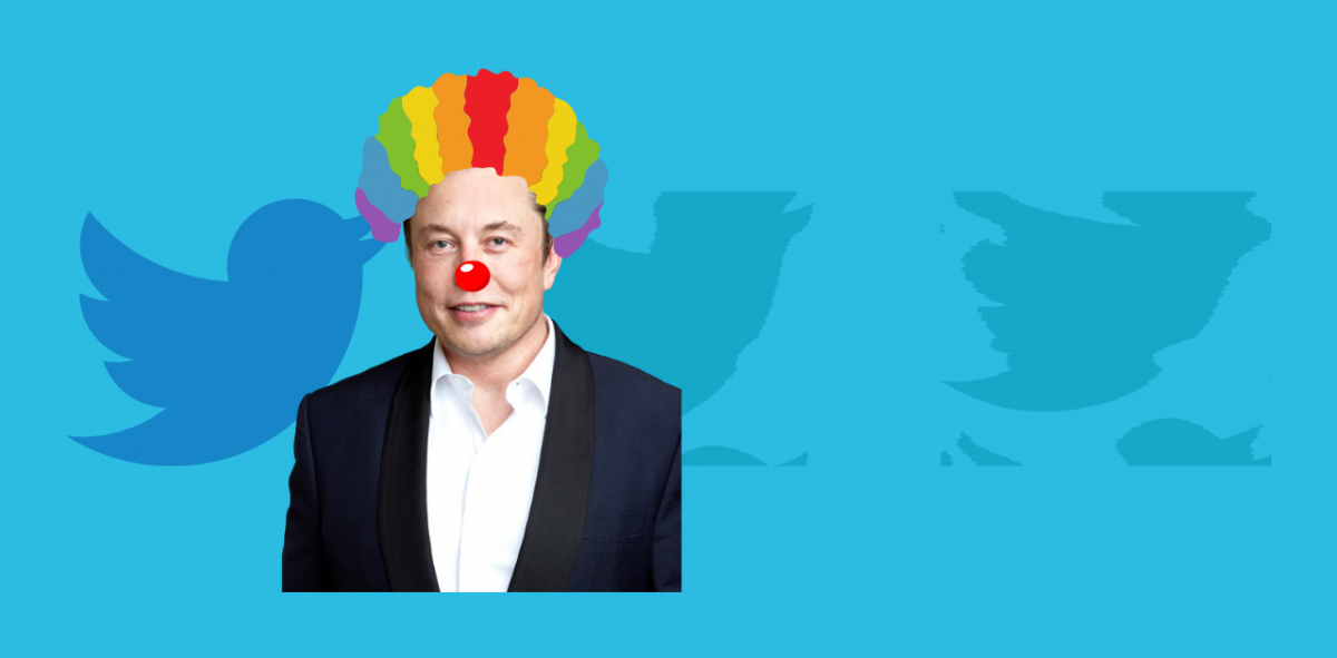 Elon Musk is a clown getup with a light bloue background. The background also has a row of the twitter logo progressively being destroyed