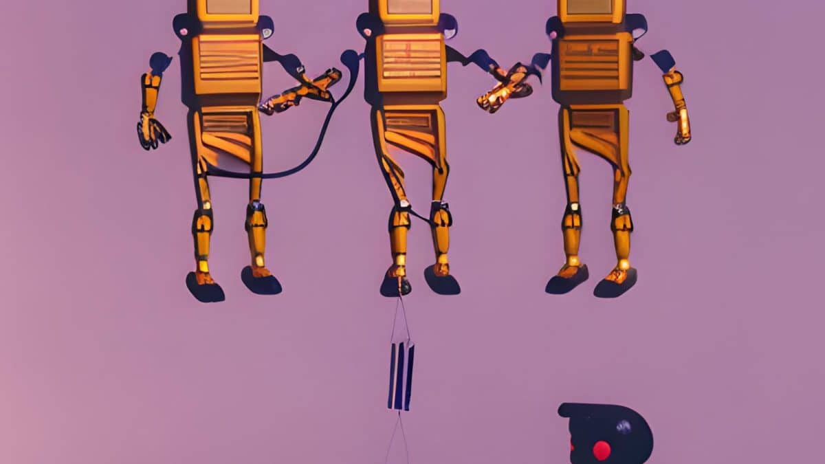 Illustration of three robots connected via string. Image generated via AI.