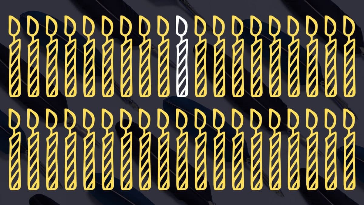 Two rows of candle drawings. All are yellow except the 10th one. There is repeated pattern of quills in the background.