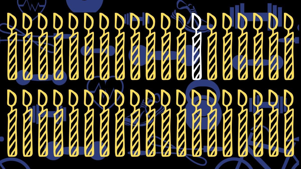 two rows of 19 candle drawings each. Every candle is yellow, except 13th in the top row. It is white. The background is black with a repeating backer of gym icons, like dumbbell, barbell, kettlebell.