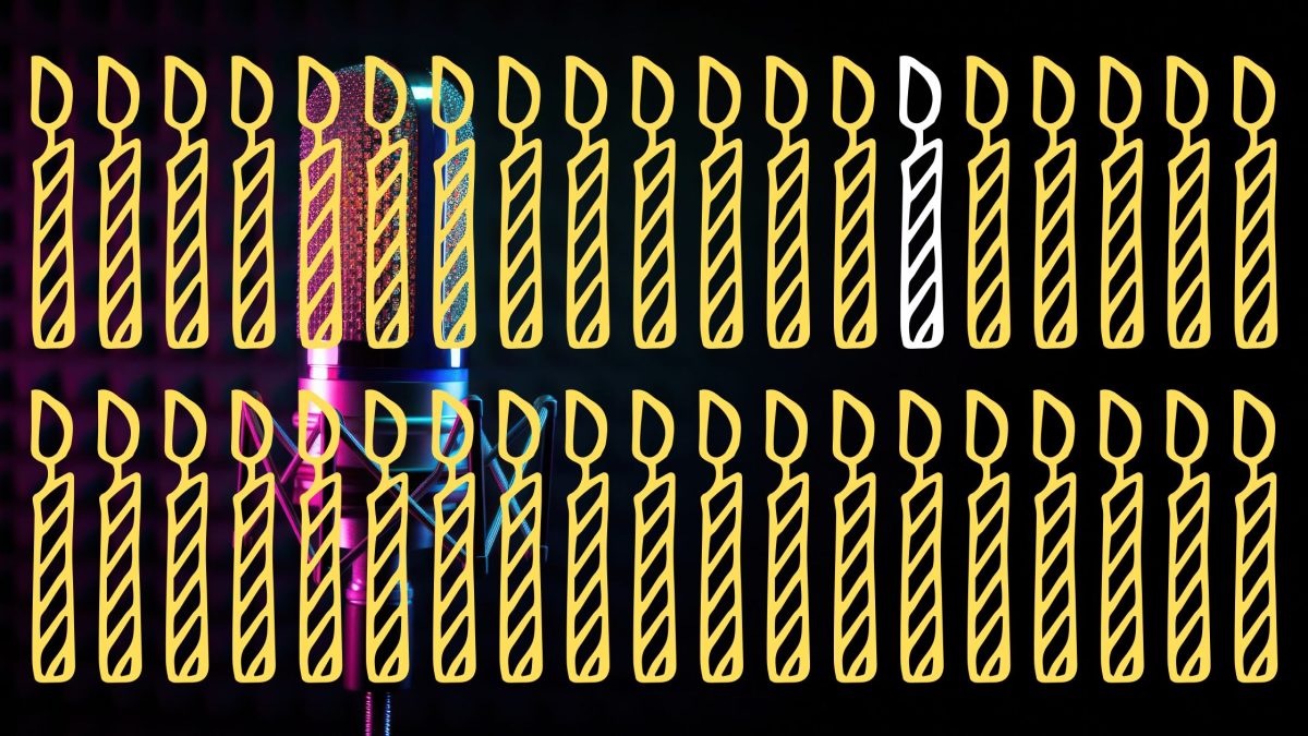 two rows of 19 candle drawings each. Every candle is yellow, except 14th in the top row. That is white. The background except for a microphone on the left side.