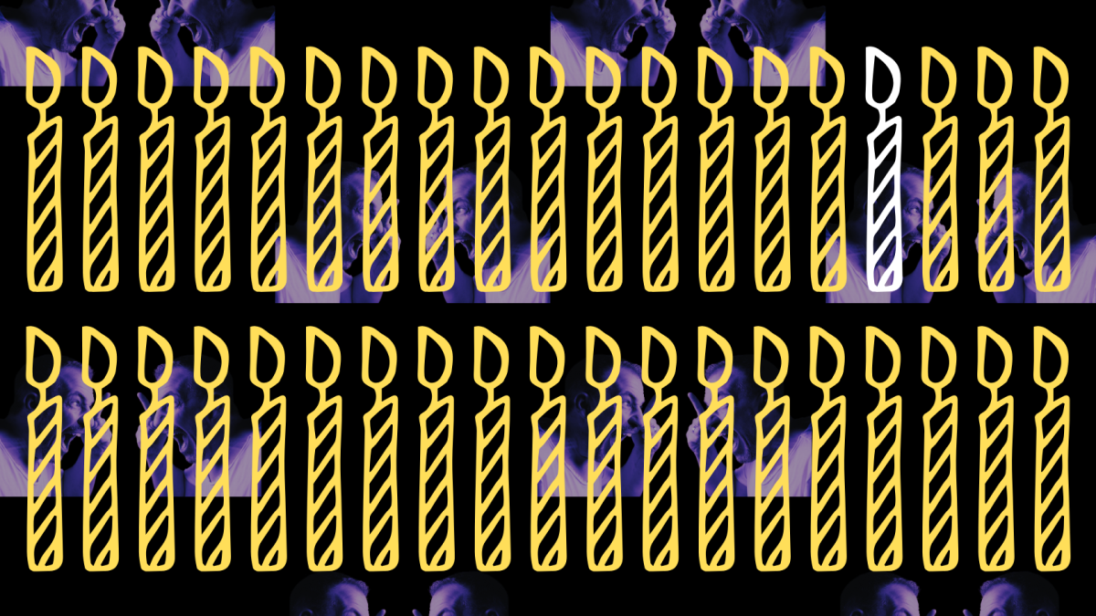 two rows of 19 candle drawings each. Every candle is yellow, except 16th in the top row. That is white. The background is a repeating pattern of a man shouting