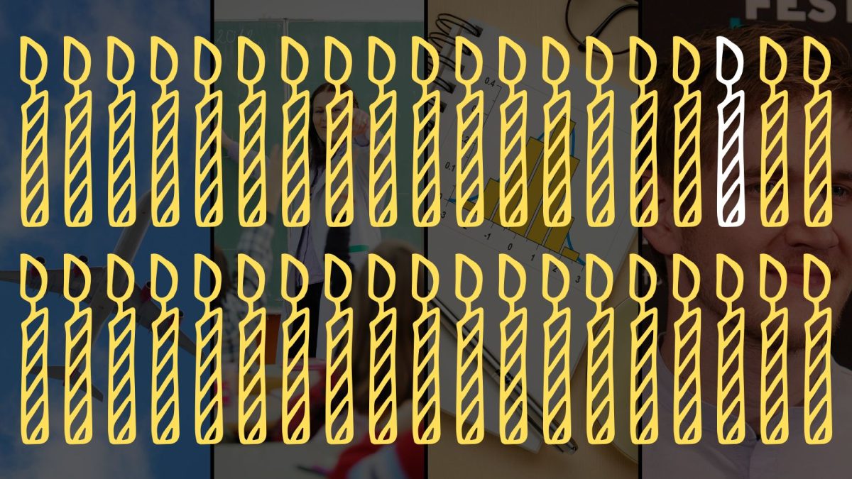 two rows of 19 candle drawings each. Every candle is yellow, except 17th in the top row from the left. That is white. The background are 4 images in columns. The images are of the subject of the videos featured in the blog.