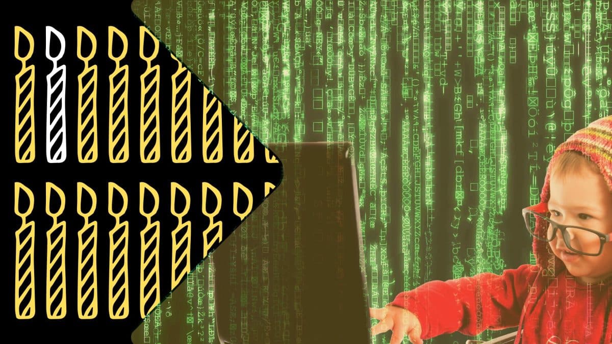 This image depicts a child wearing a red hood or jacket and sitting in front of a computer screen displaying a matrix-like background of green code and digital patterns. The foreground of the image features a series of burning candles, represented by stylized illustrations, arranged diagonally across the lower portion of the frame. The second candle is white. The rest are yellow.