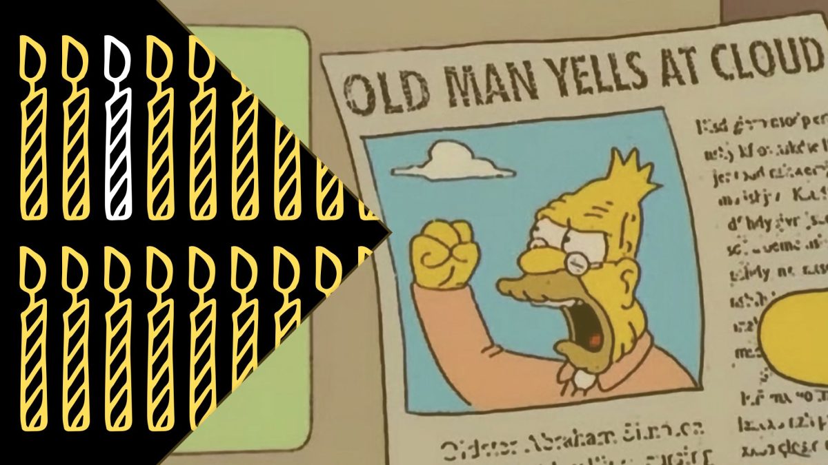 The old man yells at cloud simpsons meme in a ribbon end cutout. The background is two rows of candles. All candles are yellow except the third one.