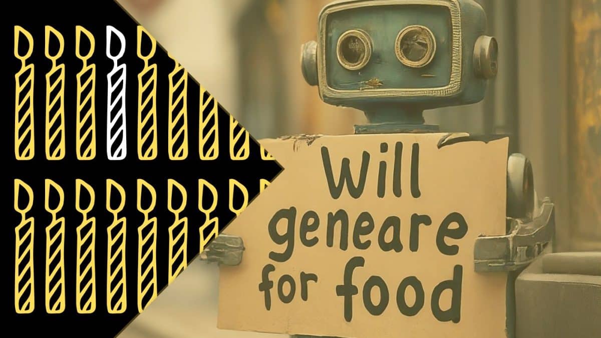 The picture of a robot panhandling. Holding a cardboard sigin with text: "will geneare for food". The image is in a ribbon-end cutout, the background is two rows of candles in yellow. But the 4th one is white. Image generated using Google Imagen.