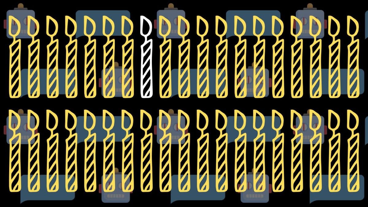 Black background with a repeating pattern of robot emoji and chat bubble. The foreground is 2 rows of yellow candle drawings. 19 each. The 8th is white.