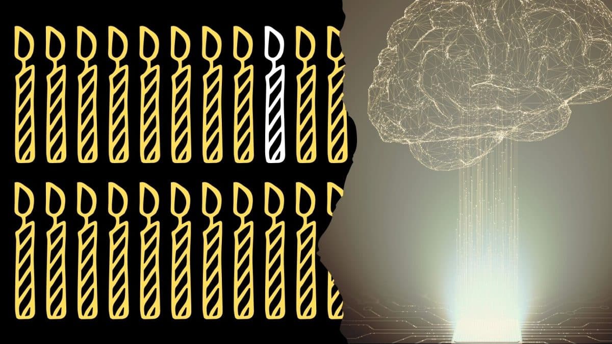 Two rows of candle drawings. All are yellow except the 7th one. There is an image of a brain made of an electric circuit on the right third.