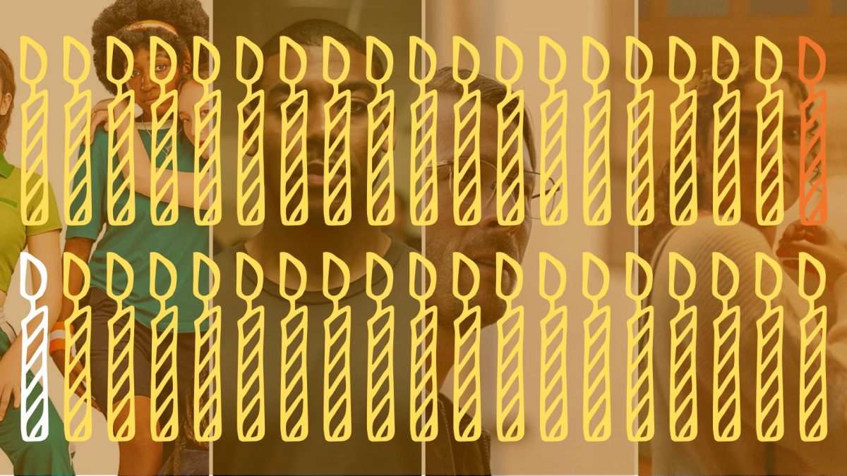 two rows of 19 candle drawings each. Every candle is yellow, except 1st one on the second row(20th in order) is white, and the last on the first row is red. The background is four columns of images from the movies discussed in this post.