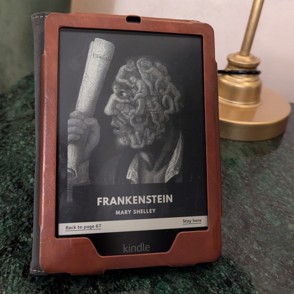 Cover of Frankenstein by Mary Wollstonecraft Shelley. Open on a kindle.