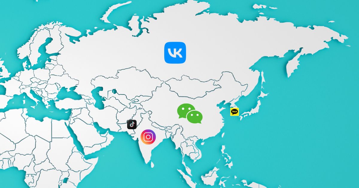 World map(mercator projection) zoomed in to Asia, Eastern Europe, and North Africa. Different app logos overlayed on different countries.