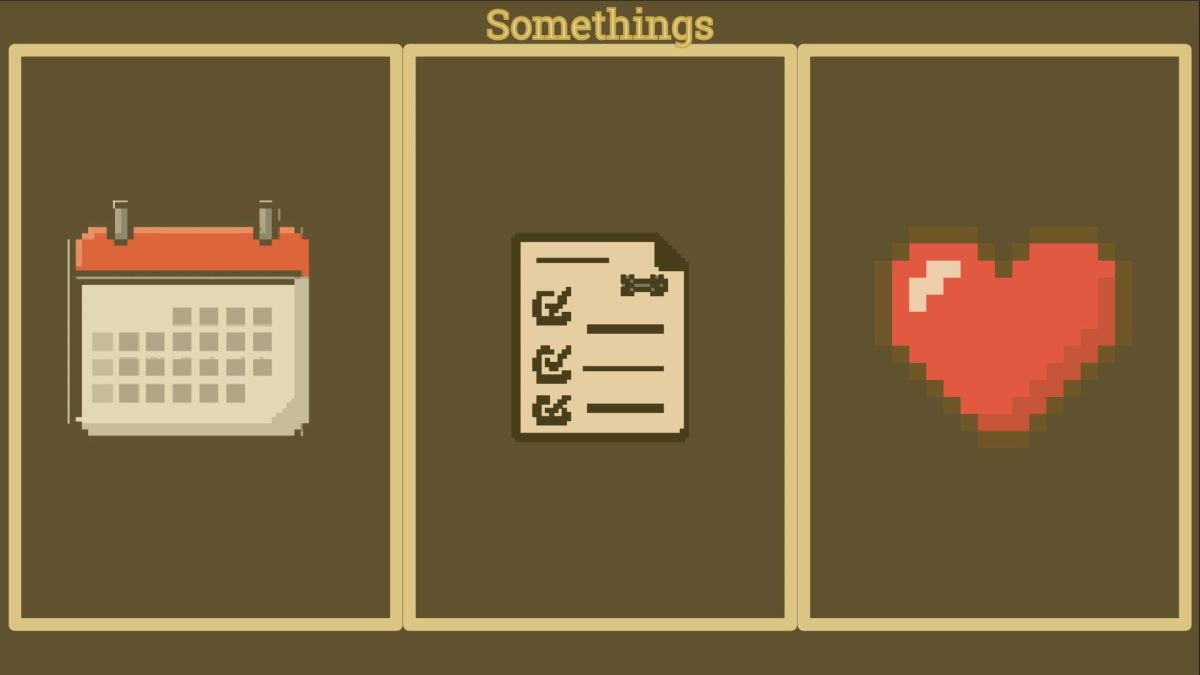 Three vertical rectangular frames in a row on a black background. In the center of each frame is a pixelated icon. Calendar on left, checklist in the center, and heart in the right one. There is a brown overlay