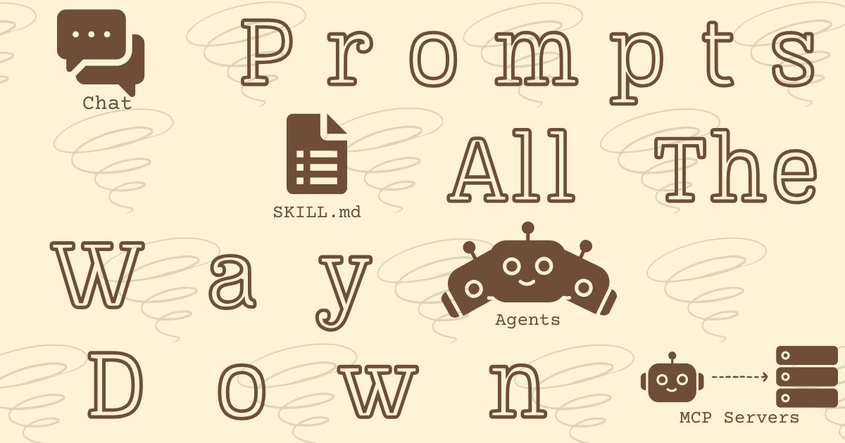 Image with icons representing various AI features going diagonally from top left to top right, along with their labels; Chat, SKILLS.md, Agents, MCP Servers(in that order) The heading text "Prompts All The Way Down" written around those icons.